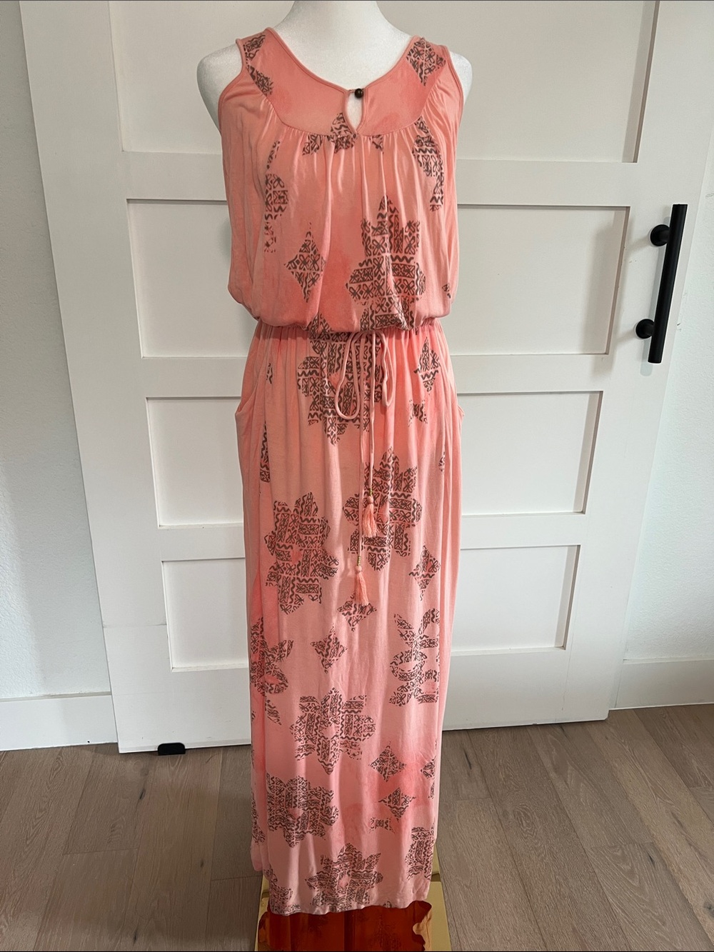 Juicy Couture Coral Printed Maxi Dress with Drawstring Waist